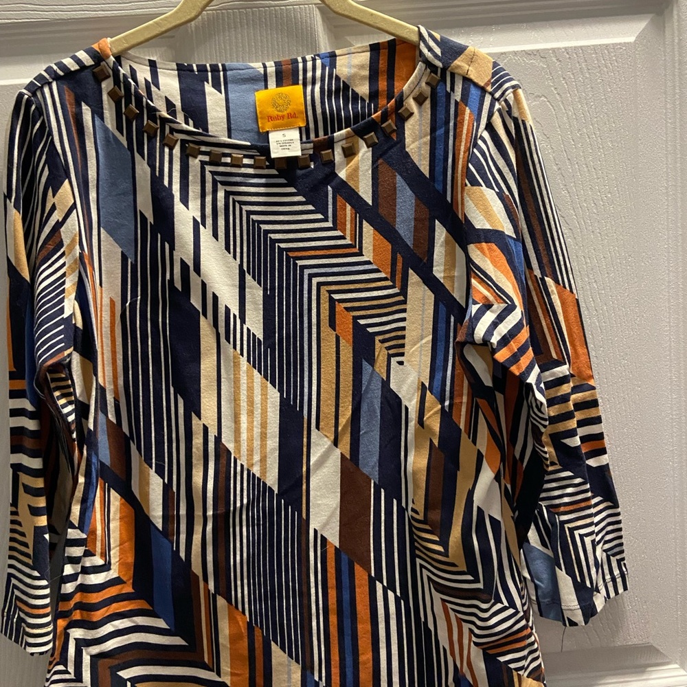 Ruby Rd. Geometric Striped Long Sleeve Top - Blue, Orange, Brown
